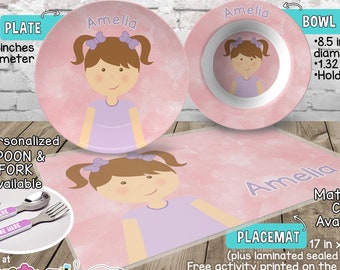 Little Girl Plate and Bowl Set - Personalized Plastic Children Plate and Cereal Bowl - Kids Dishes for Mealtime - Choose hair skin eye color