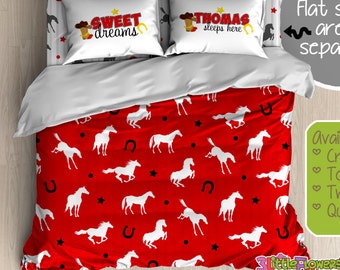 Horses Custom Comforter/Duvet - Kids Comforter - Kids Duvet - Customized Minimalistic Children Bedding - Horses Bedroom Decor - Red & Horses