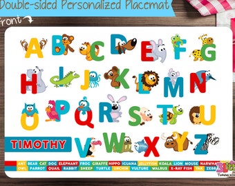 Personalized Animal Alphabet Placemat - Personalized placemat for kids - Laminated Custom Double-sided placemat - Activity Placemat for Kids