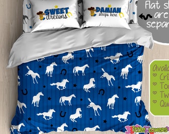 Horses Custom Comforter/Duvet - Kids Comforter - Kids Duvet - Customized Minimalistic Children Bedding - Horses Bedroom Decor - Blue & Horse