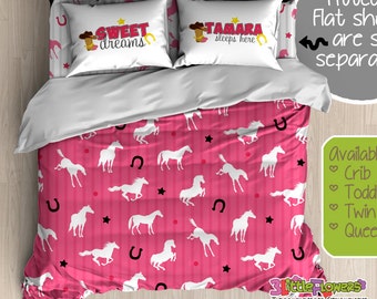 Horses Custom Comforter/Duvet - Kids Comforter - Kids Duvet - Customized Minimalistic Children Bedding - Horses Bedroom Decor - Pink & Horse