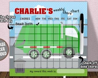 Personalized Garbage Truck Dry Erase Chore Chart - Children Dry Erase Chore Chart - Weekly Responsibility Chart - Trash Truck Bedroom Decor