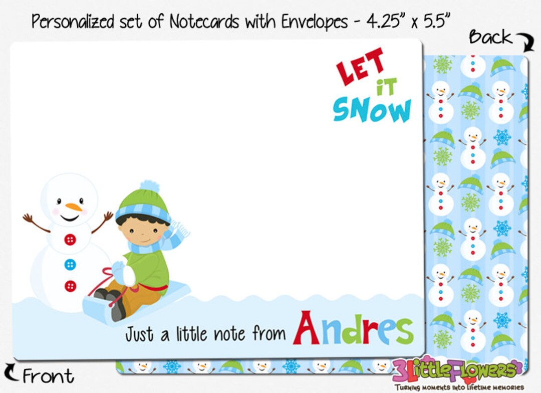 Snow Boy Note Cards - Set of Personalized Note Cards - Double-sided ...