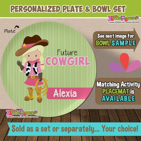 Future Cowgirl Plate and Bowl Set - Personalized Plastic Children Plate Cereal Bowl - CHOOSE HAIR SKIN color - Career Plate Set Il_570xn