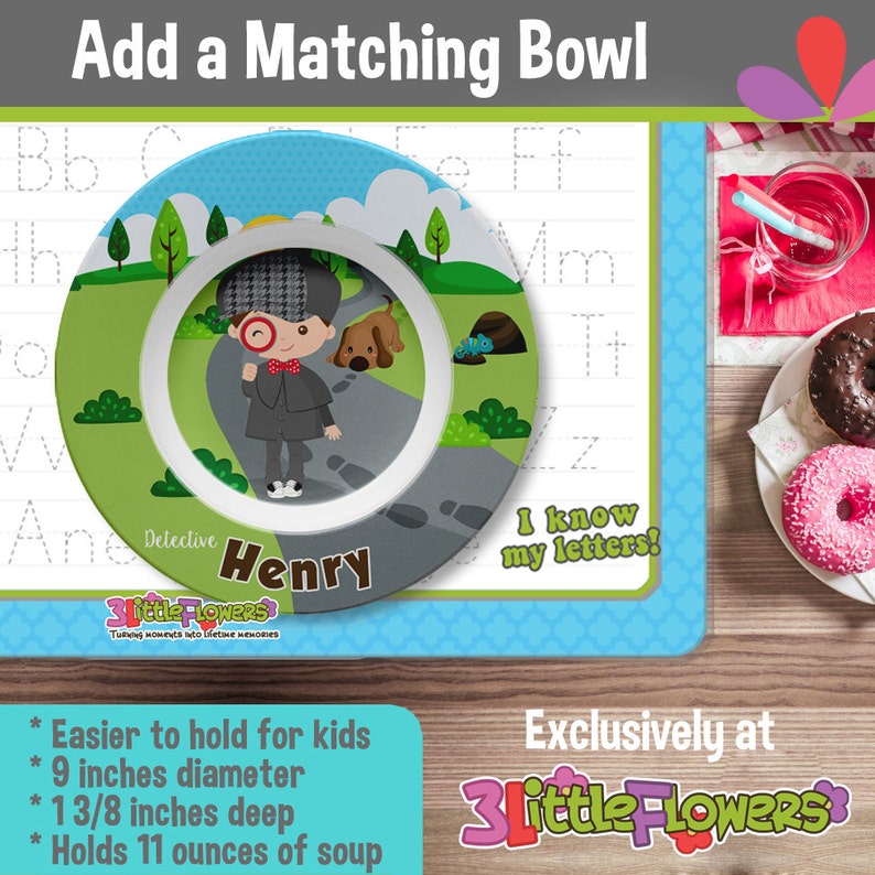 Choose HAIR SKIN color Personalized Plastic Children Plate Cereal Bowl Custom Future Detective Plate Boy Detective Plate and Bowl Set