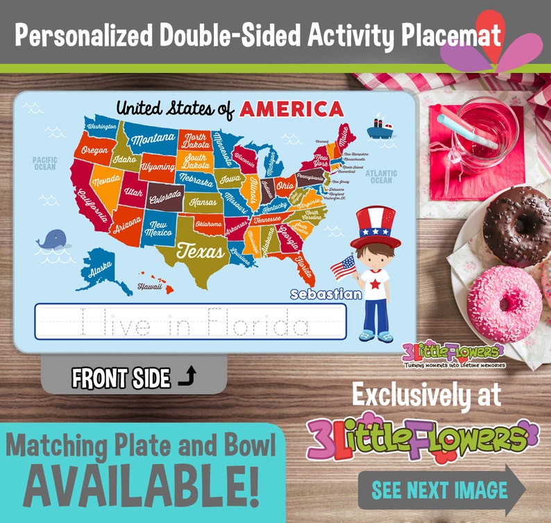 Kids Activity Placemat United States of America and World Map Placemat Laminated Double-sided placemat Personalized placemat for kids