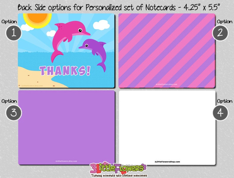 Set of Personalized Note Cards Double-Sided Thank you Cards Kids Notecards 4.25\u201d x 5.5\u201d Children Stationery Dolphin Note Cards