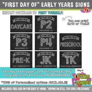 Puede incluir: Un conjunto de letreros estilo pizarra para el "Primer Día" de los primeros años, incluyendo Guardería, P2, P3, P4, Pre-K, JK y TK. Diseñados para descarga instantánea e impresión, con opciones de tamaño de 8x10 o 11x8.5.