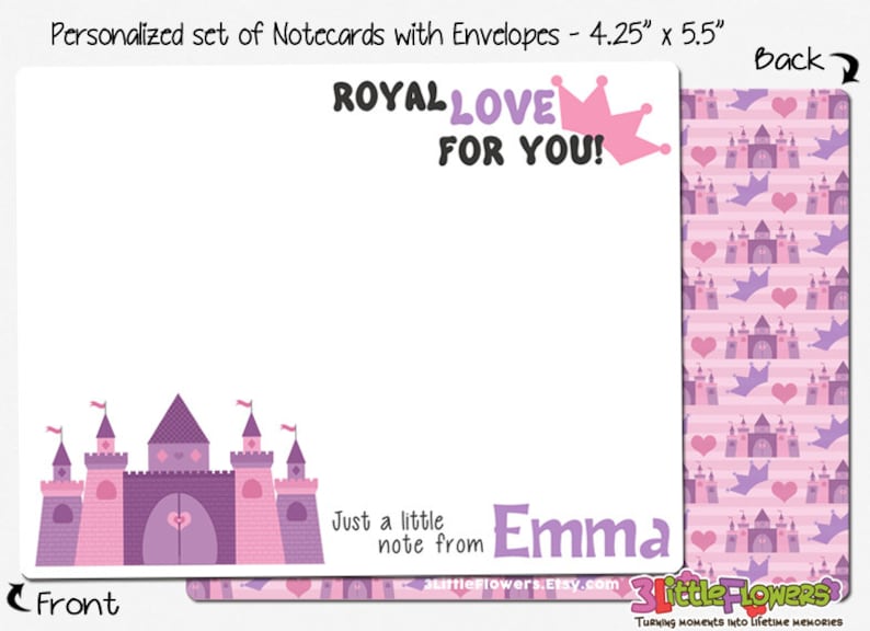Children Stationery Kids Notecards Set of Personalized Note Cards 4.25\u201d x 5.5\u201d Princess Note Cards Double-Sided Thank you Cards