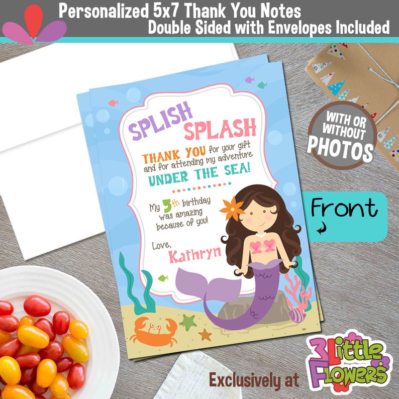 Mermaid Theme Thank you note Cards Mermaid Party Personalized Mermaid Thank you note 5 x 7 Double-Sided and Printed Thank you notes