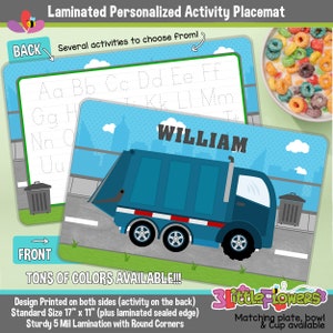 Blue Garbage Truck Placemat - Personalized placemat for children - Laminated Custom Double-sided placemat - Kids Activity Placemat - Trash
