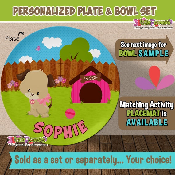 Personalized Puppy Plate and Bowl Set - Personalized Plastic Children Plate and Cereal Bowl - Kids Dishes for Mealtime - Dog Plate Set Il_570xn