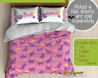 Cats Custom Comforter/Duvet - Kids Comforter - Kids Duvet - Customized Minimalistic Children Bedding - Kitten Bedroom Decor - Pink & Dogs