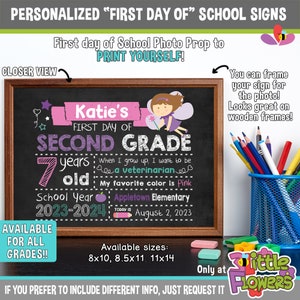 Fairy First Day of School Sign Printable First Day of School Chalkboard Sign First of ANY GRADE sign Personalized Back to School Sign image 2