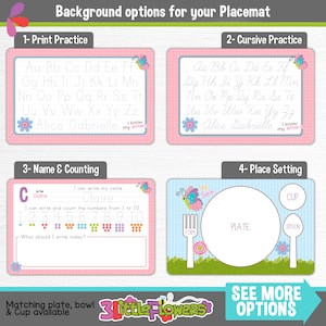 May include: Four different placemat designs with a butterfly theme. The first two designs are for letter practice, one for printing and one for cursive. The third design is for name and counting practice. The fourth design is for place setting practice. All designs feature a pink and blue color scheme with butterflies and flowers.
