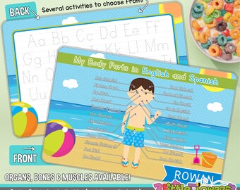 Body Parts Placemat - Personalized placemat for kids - Laminated Custom Double-sided placemat - Human Body Parts - English Spanish Placemat