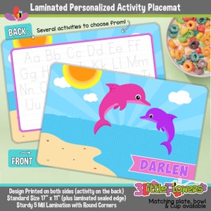 Personalized Dolphins Placemat - Personalized placemat for kids - Laminated Custom Double-sided placemat - Activity Placemat for Children