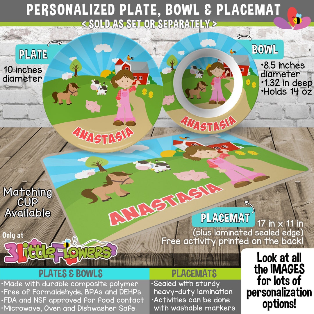 Farmer Plate and Bowl Set Personalized Plastic Children Plate and