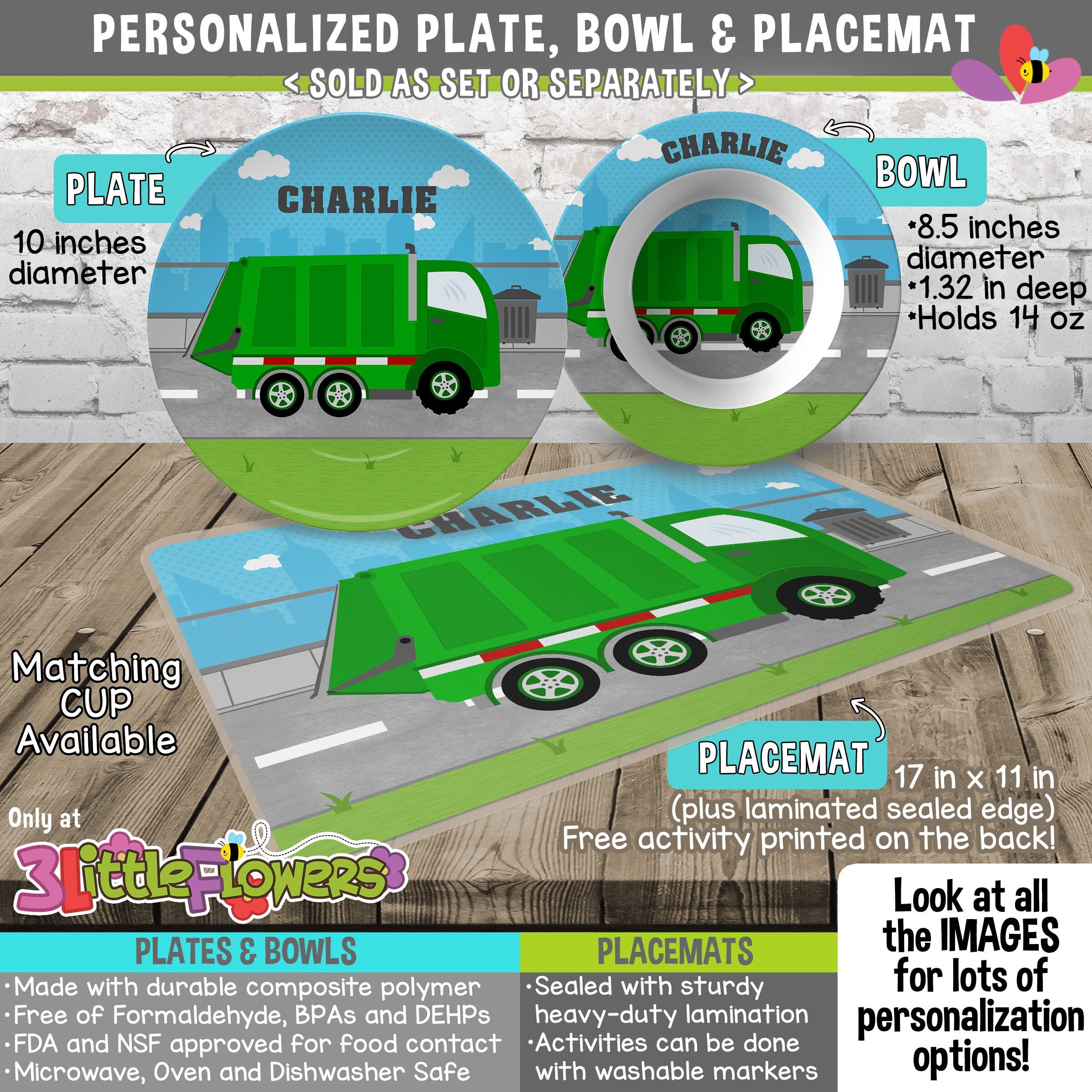 Garbage Truck Plate and Bowl Set - Personalized Plastic Children Plate Cereal Bowl - Kids Dishes for Mealtime - Construction Plate Set
