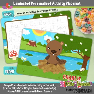 Personalized Beaver Placemat - Personalized placemat for kids - Laminated Custom Double-sided placemat - Activity Placemat for Children