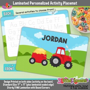Personalized Tractor Placemat - Personalized placemat for kids - Laminated Custom Double-sided placemat - Activity Placemat for Children