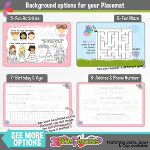 May include: A pink and green printable placemat with a variety of activities for children. The placemat features a maze, a birthday and age section, a mealtime fun section, and an address and phone number section. The placemat is designed for a child named Claire.