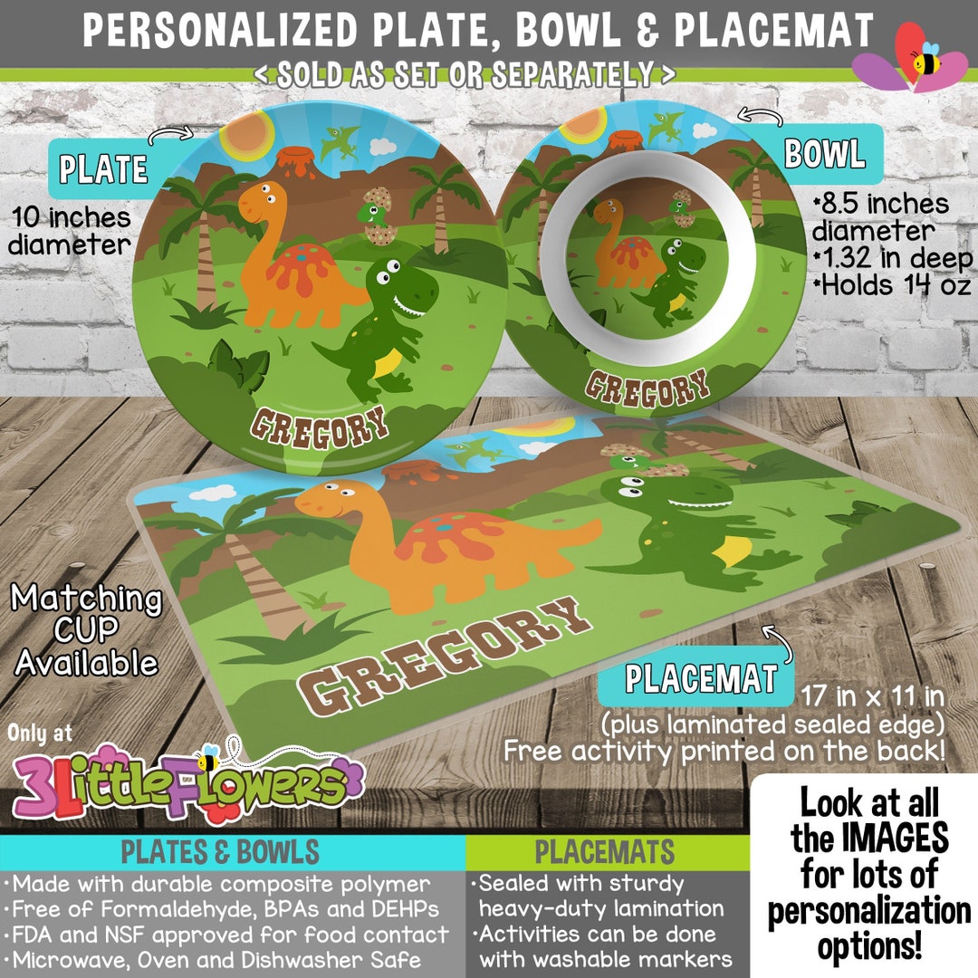 Dinosaurs Plate and Bowl Set Personalized Plastic Children Plate Cereal