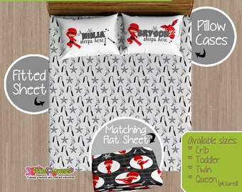 Ninja Custom Fitted and Flat Sheets - Kids Bed Sheets - Customized Children Bedding - Kids Pillowcase - Ninja and Dragon Bedroom Decor