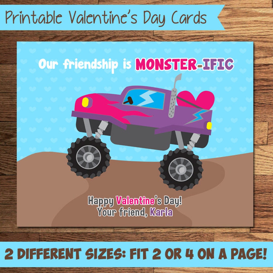 Monster Truck Valentine PRINTABLE Cards Personalized Valentines Cards ...