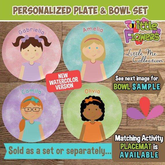 Little Girl Plate and Bowl Set - Personalized Plastic Children Plate and Cereal Bowl - Kids Dishes for Mealtime - Choose hair skin eye color Il_570xn