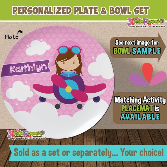 Girl Pilot Plate and Bowl Set Personalized Plastic Children Plate