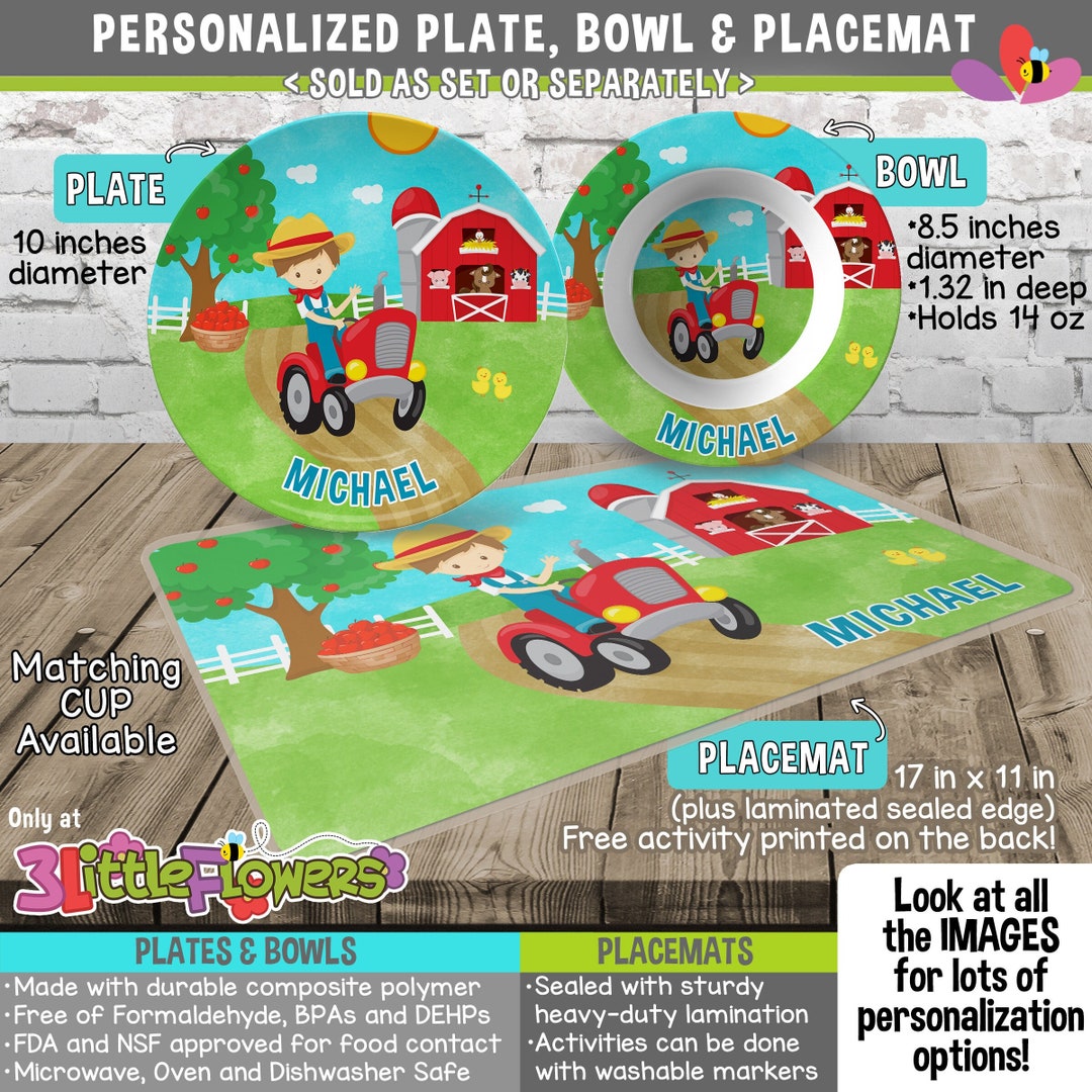 Farmer Tractor Boy Plate and Bowl Set - Personalized Plastic Children ...