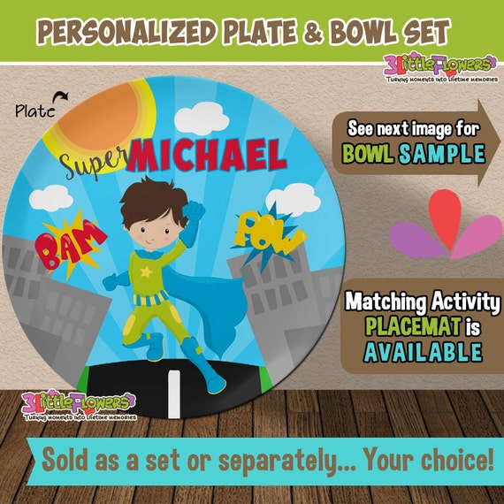 Superhero Plate and Bowl Set - Personalized Plastic Children Plate and Cereal Bowl - PICK HAIR SKIN color - Superhero Plate Set Il_570xn