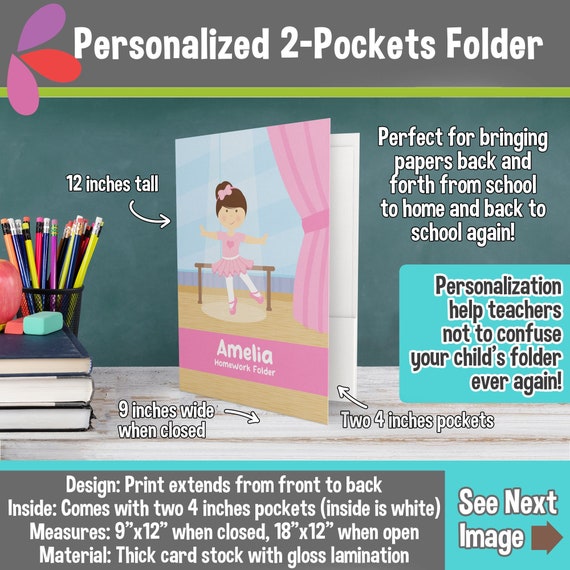 Personalized Ballerina Folder - Personalized 2 Pockets Folder - Personalized School Supplies for Kids - Custom Gift for Back to School Il_570xn