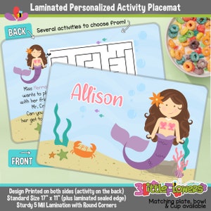 Personalized Mermaid Placemat - Personalized placemat for kids - Laminated Custom Double-sided placemat - Activity Placemat for Children