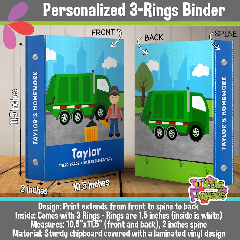 Personalized Garbage Truck Binder Personalized 3 Ring Binder 2 inches Personalized School Supplies for Kids Custom Gift Back to School image 1