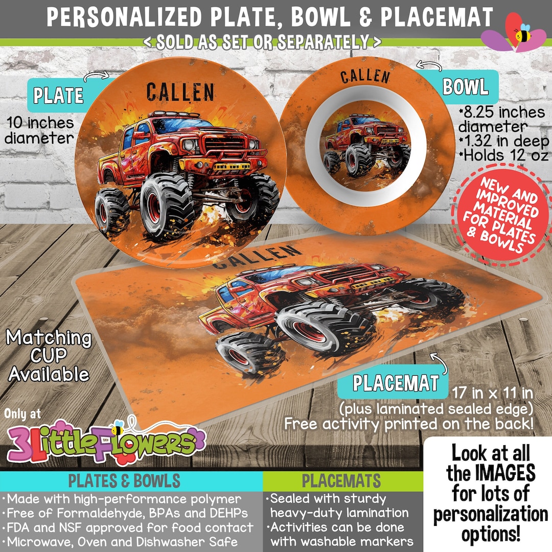 Monster Racing Plate Design Monster Truck Plate and Bowl Set - Personalized Plastic Children Plate ...