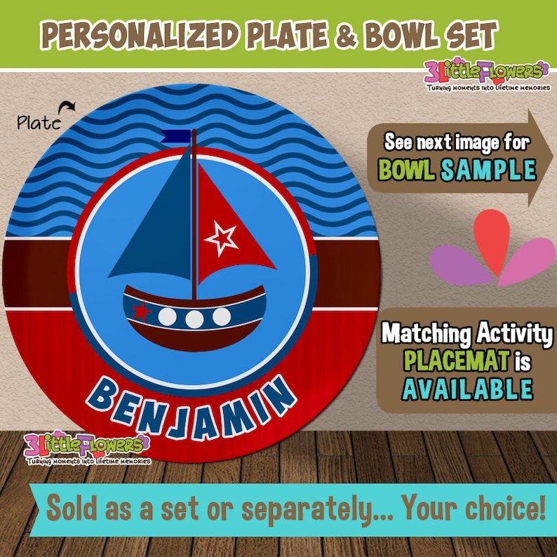 Personalized Plastic Children Plate and Cereal Bowl Personalized Sailboat Plate and Bowl Set Nautical Plate Kids Dishes for Mealtime