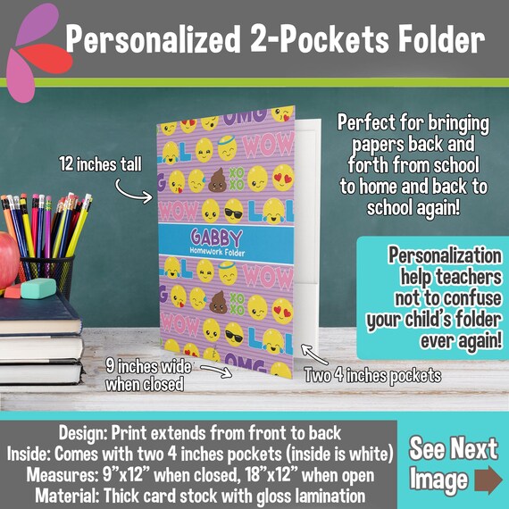 Personalized Emojis Folder - Personalized 2 Pockets Folder - Personalized School Supplies for Kids - Custom Gift for Back to School Il_570xn