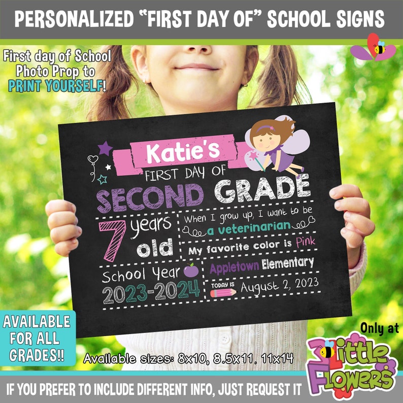 Fairy First Day of School Sign Printable First Day of School Chalkboard Sign First of ANY GRADE sign Personalized Back to School Sign image 1