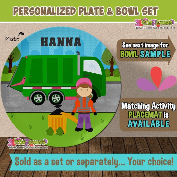 Garbage Truck Plate and Bowl Set Personalized Plastic Children Plate
