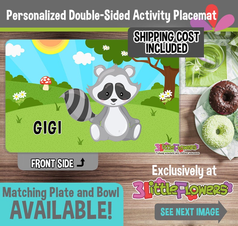 Personalized placemat for kids Activity Placemat for Children Personalized Racoon Placemat Laminated Custom Double-sided placemat