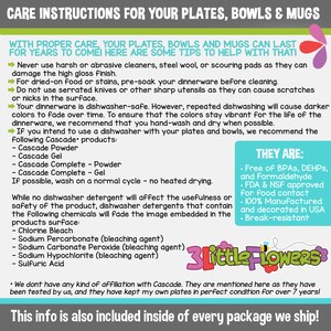 May include: Care instructions for plates, bowls, and mugs. The text explains how to properly care for your dishes to ensure they last for years. It includes tips on cleaning, hand-washing, and using a dishwasher. The text also lists chemicals that can fade the image on the dishes. The text mentions that the products are free of BPAs, DEHPs, and formaldehyde. The text also mentions that the products are FDA and NSF approved for food contact, 100% manufactured and decorated in the USA, and break-resistant.