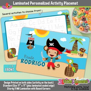 Personalized Pirate Monkey Placemat - Personalized placemat for children - Laminated Custom Double-sided placemat - Kids Activity Placemat