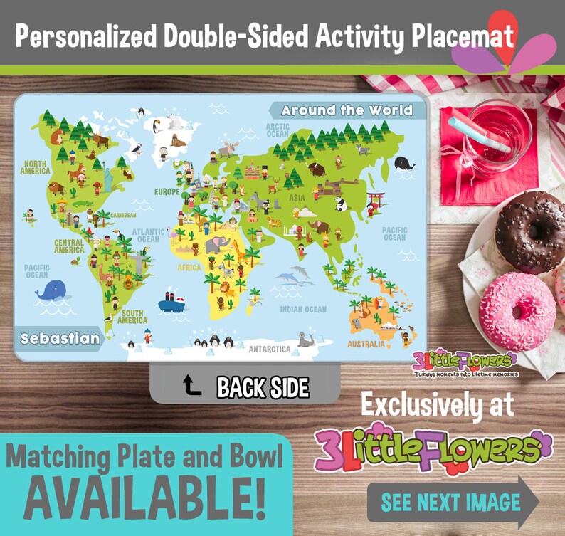 Kids Activity Placemat United States of America and World Map Placemat Laminated Double-sided placemat Personalized placemat for kids