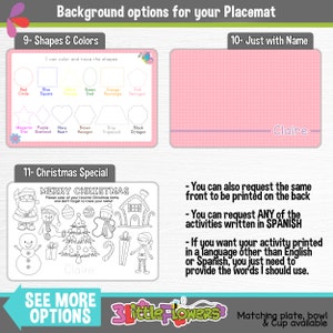 May include: A colorful chart with different shapes and colors to color in. The chart is titled "Shapes & Colors". There is a second chart titled "Christmas Special" with a Christmas tree, snowman, Santa Claus, and other Christmas items to color in. The third chart is titled "Just with Name" and has a pink background with the name "Claire" written on it. The text below the charts says "See More Options" and "3 Little Flowers".