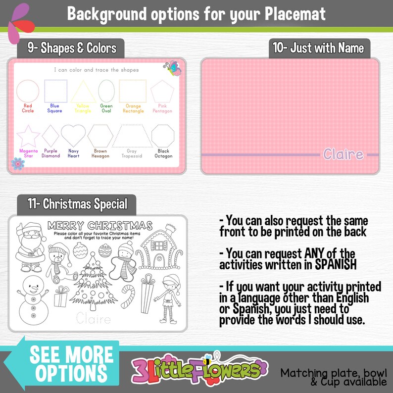 May include: A colorful chart with different shapes and colors to color in. The chart is titled "Shapes & Colors". There is a second chart titled "Christmas Special" with a Christmas tree, snowman, Santa Claus, and other Christmas items to color in. The third chart is titled "Just with Name" and has a pink background with the name "Claire" written on it. The text below the charts says "See More Options" and "3 Little Flowers".