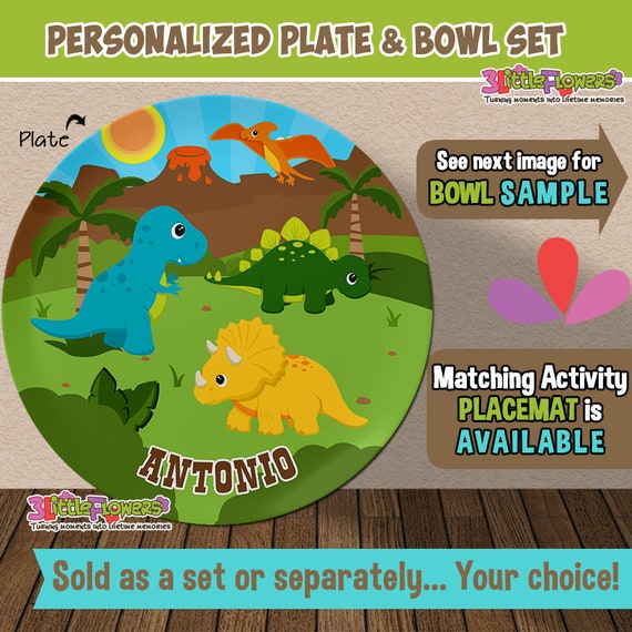 Dinosaur Plate and Bowl Set Personalized Plastic Children Plate