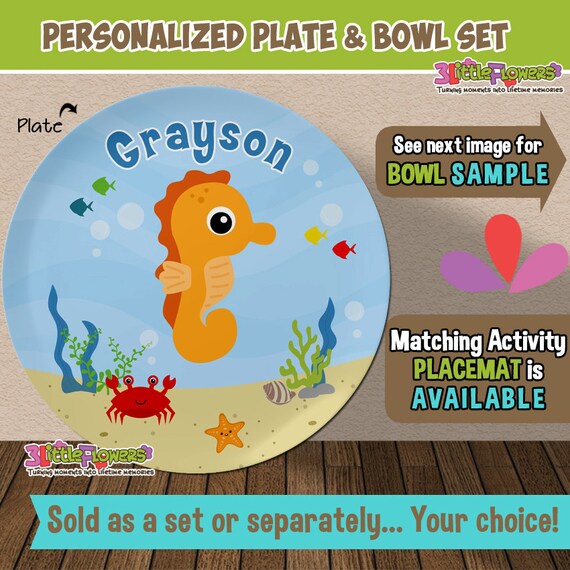 Personalized Sea Horse Plate and Bowl Set Personalized Plastic