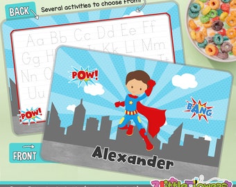 Personalized Superhero Placemat - Personalized placemat for kids - Laminated Custom Double-sided placemat - Activity Placemat for Children